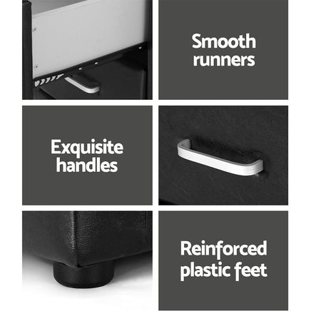 Bedside Table 2 Drawers Leather - CADEN Black Kings Warehouse 