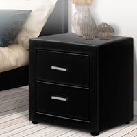 Bedside Table 2 Drawers Leather - CADEN Black Kings Warehouse 