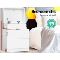 Bedside Table 2 Drawers Lift-up Storage - COLEY White Furniture Kings Warehouse 