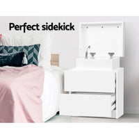 Bedside Table 2 Drawers Lift-up Storage - COLEY White Furniture Kings Warehouse 