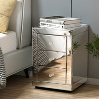 Bedside Table 3 Drawers Mirrored - PRESIA Silver Furniture Kings Warehouse 