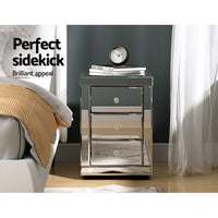 Bedside Table 3 Drawers Mirrored - PRESIA Silver Furniture Kings Warehouse 