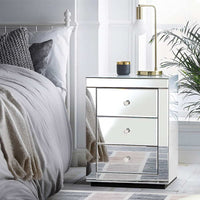 Bedside Table 3 Drawers Mirrored - PRESIA Silver Furniture Kings Warehouse 