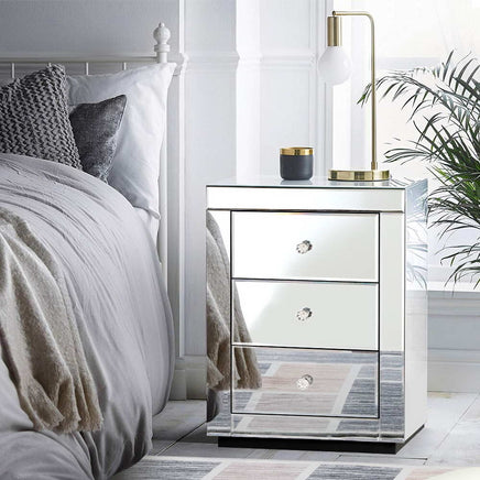 Bedside Table 3 Drawers Mirrored - PRESIA Silver Furniture Kings Warehouse 