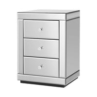 Bedside Table 3 Drawers Mirrored - PRESIA Silver Furniture Kings Warehouse 