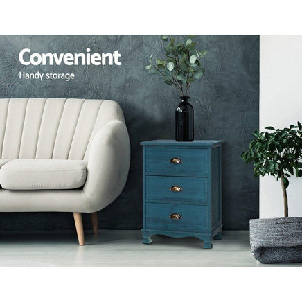 Bedside Table 3 Drawers Vintage - THYME Blue Furniture Kings Warehouse 