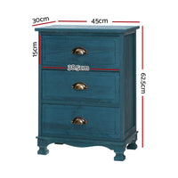 Bedside Table 3 Drawers Vintage - THYME Blue Furniture Kings Warehouse 