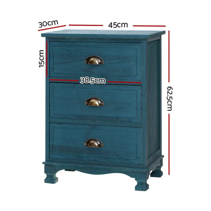 Bedside Table 3 Drawers Vintage - THYME Blue Furniture Kings Warehouse 