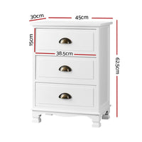 Bedside Table 3 Drawers Vintage - THYME White Furniture Kings Warehouse 