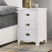 Bedside Table 3 Drawers Vintage - THYME White Furniture Kings Warehouse 
