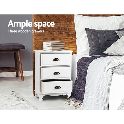 Bedside Table 3 Drawers Vintage - THYME White Furniture Kings Warehouse 