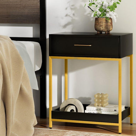 Bedside Table Drawers Side Table Shelf Storage Nightstand Black MASON Furniture Kings Warehouse 