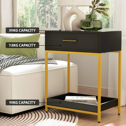 Bedside Table Drawers Side Table Shelf Storage Nightstand Black MASON Furniture Kings Warehouse 