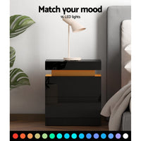 Bedside Table LED 2 Drawers Lift-up Storage - COLEY Black Furniture Kings Warehouse 