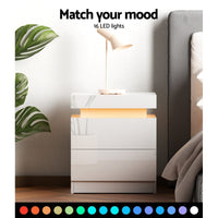 Bedside Table LED 2 Drawers Lift-up Storage - COLEY White Furniture Kings Warehouse 