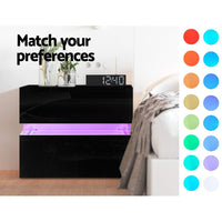 Bedside Table LED 2 Drawers - LUMI Black Furniture Kings Warehouse 