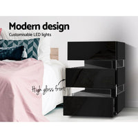 Bedside Table LED 3 Drawers - LUMI Black Furniture Kings Warehouse 