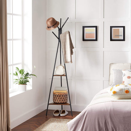 Black Coat Rack Stand Industrial Style 2 Shelves Clothes Home & Garden Kings Warehouse 