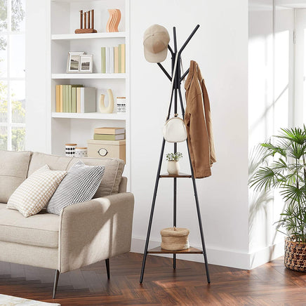 Black Coat Rack Stand Industrial Style 2 Shelves Clothes Home & Garden Kings Warehouse 