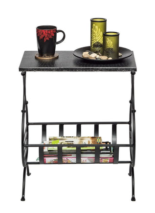 Black Iron Side Table with Magazine Storage and Silver Finish Top Furniture Kings Warehouse 