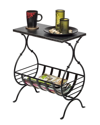 Black Iron Side Table with Magazine Storage and Silver Finish Top Furniture Kings Warehouse 