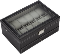 Black Leather Watch Box Jewelry Display Case with Drawers (12 Slots with 2 Layers) Kings Warehouse 
