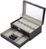 Black Leather Watch Box Jewelry Display Case with Drawers (12 Slots with 2 Layers) Kings Warehouse 