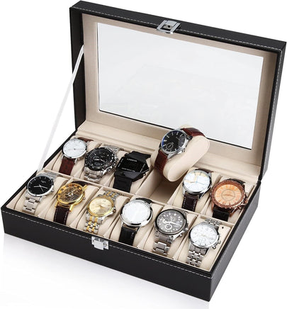 Black PU Leather Watch Organizer Display Storage Box Cases for Men & Women (12 slots) Kings Warehouse 