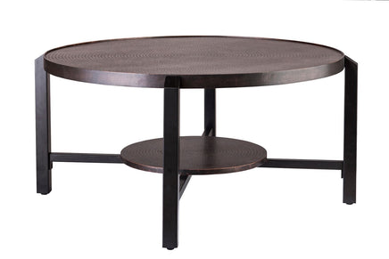 Black Round Coffee Table with Storage Shelf in Copper Finish Top Furniture Kings Warehouse 