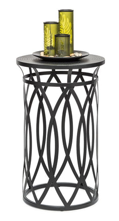 Black Round Iron Side Table with Cross Legs and Silver Finish Top Appliances Kings Warehouse 
