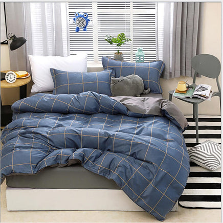 Blue Plaid Pattern Aloe Cotton Flat Sheet Quilt Cover Pillowcases 4pcs Bedding Set Duvet Doona Quilt Cover Set (Double) Home & Garden Kings Warehouse 