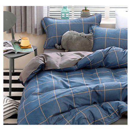 Blue Plaid Pattern Aloe Cotton Flat Sheet Quilt Cover Pillowcases 4pcs Bedding Set Duvet Doona Quilt Cover Set (Double) Home & Garden Kings Warehouse 