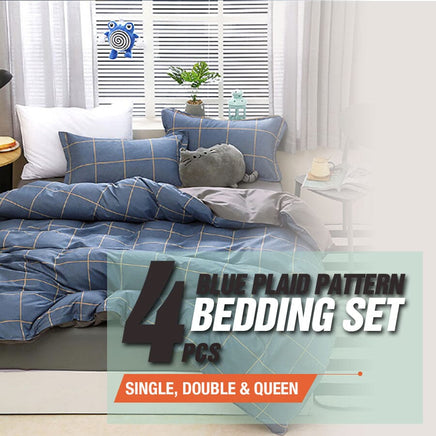 Blue Plaid Pattern Aloe Cotton Flat Sheet Quilt Cover Pillowcases 4pcs Bedding Set Duvet Doona Quilt Cover Set (Double) Home & Garden Kings Warehouse 
