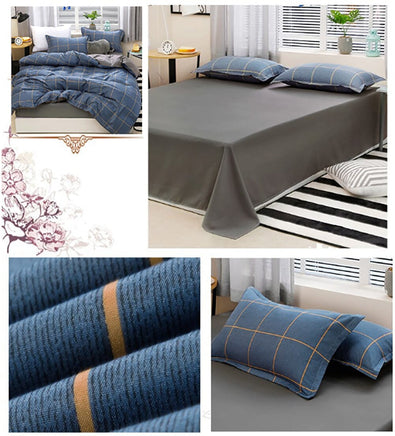 Blue Plaid Pattern Aloe Cotton Flat Sheet Quilt Cover Pillowcases 4pcs Bedding Set Duvet Doona Quilt Cover Set (Double) Home & Garden Kings Warehouse 