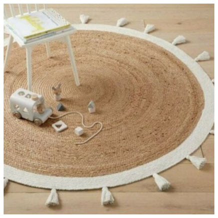 Bohemian Cream & Natural Braided Jute Cotton Round Rug with Tassel 120 x 120 cm Home & Garden Kings Warehouse 