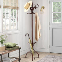 Brown Coat Rack with Stand Wooden Hat and 12 Hooks Hanger Walnut tree living room Kings Warehouse 