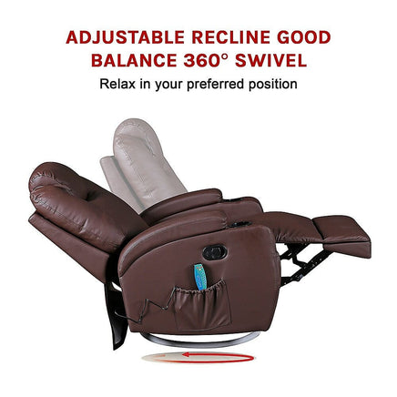 Brown Massage Sofa Chair Recliner 360 Degree Swivel PU Leather Lounge 8 Point Heated Furniture Kings Warehouse 