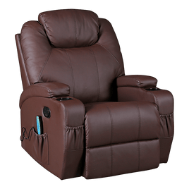 Brown Massage Sofa Chair Recliner 360 Degree Swivel PU Leather Lounge 8 Point Heated Furniture Kings Warehouse 