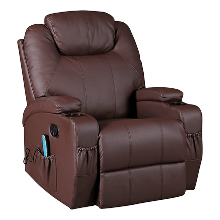 Brown Massage Sofa Chair Recliner 360 Degree Swivel PU Leather Lounge 8 Point Heated Furniture Kings Warehouse 