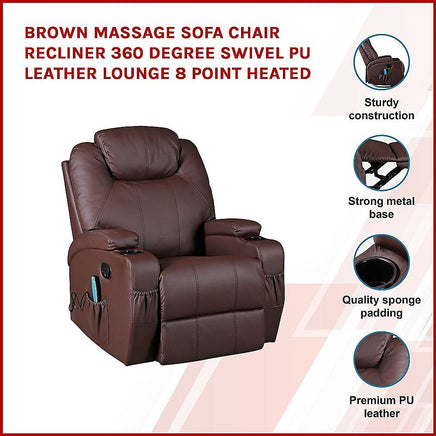 Brown Massage Sofa Chair Recliner 360 Degree Swivel PU Leather Lounge 8 Point Heated Furniture Kings Warehouse 