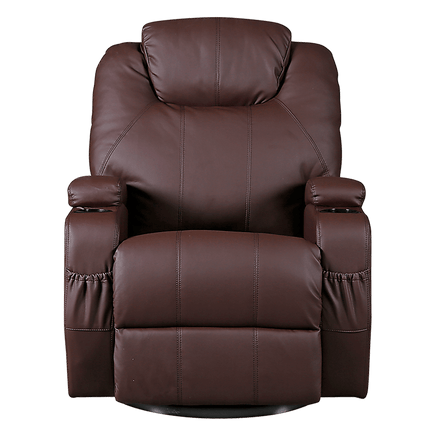 Brown Massage Sofa Chair Recliner 360 Degree Swivel PU Leather Lounge 8 Point Heated Furniture Kings Warehouse 