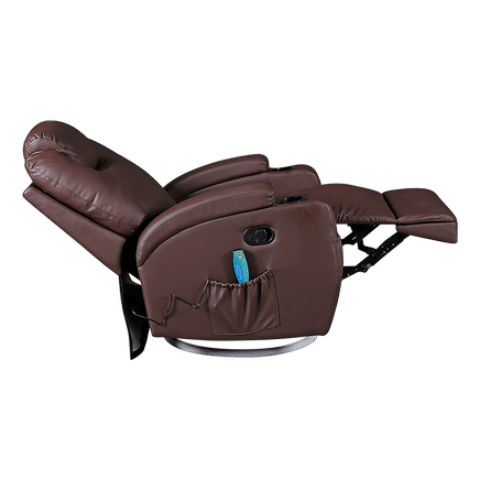 Brown Massage Sofa Chair Recliner 360 Degree Swivel PU Leather Lounge 8 Point Heated Furniture Kings Warehouse 