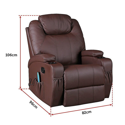 Brown Massage Sofa Chair Recliner 360 Degree Swivel PU Leather Lounge 8 Point Heated Furniture Kings Warehouse 