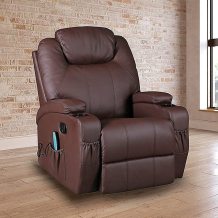 Brown Massage Sofa Chair Recliner 360 Degree Swivel PU Leather Lounge 8 Point Heated Furniture Kings Warehouse 