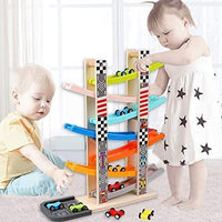 Car Ramp Racer Toy for Toddler - Baby Car Race Track Vehicle Playsets with 6 Wooden Race Cars, 1 Parking Garage, 3 Extra Bridges and 6 Car Ramps for Boys & Girls Kings Warehouse 