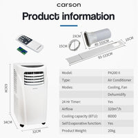 CARSON 3in1 Portable Air Conditioner 6000BTU Mobile Fan Cooler Cooling Kings Warehouse 