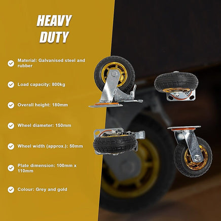 Castor Wheels 4 x 6" 150mm Swivel Silent Caster 2 Brakes 800KG Tools Kings Warehouse 