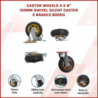 Castor Wheels 4 x 6" 150mm Swivel Silent Caster 2 Brakes 800KG Tools Kings Warehouse 