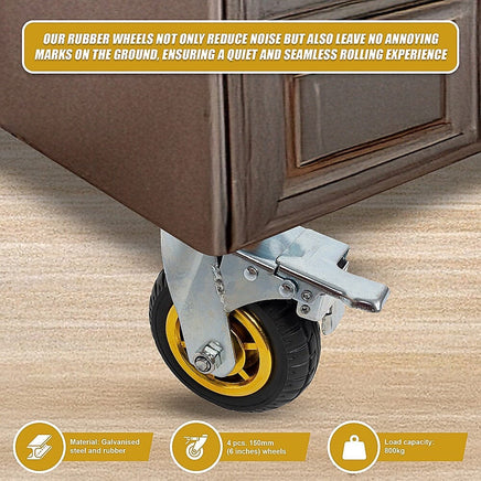 Castor Wheels 4 x 6" 150mm Swivel Silent Caster 2 Brakes 800KG Tools Kings Warehouse 