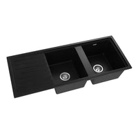 Cefito Kitchen Sink Stone Sink Granite Laundry Basin Double Bowl 116x49cm Black Kings Warehouse 